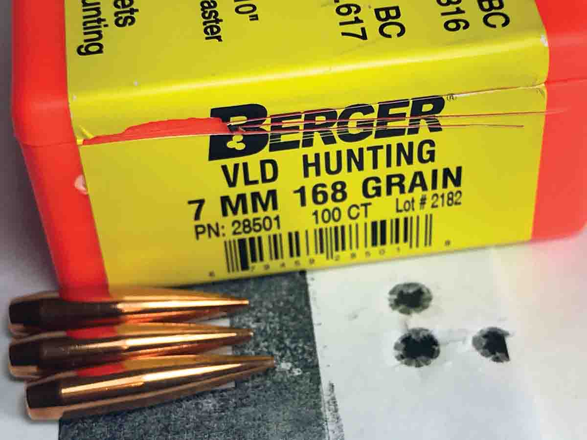 The Mountain Carbon rifles shot this tight group with handloaded Berger 168-grain VLD Hunting bullets despite the full diameter of the bullets seated well inside the neck.